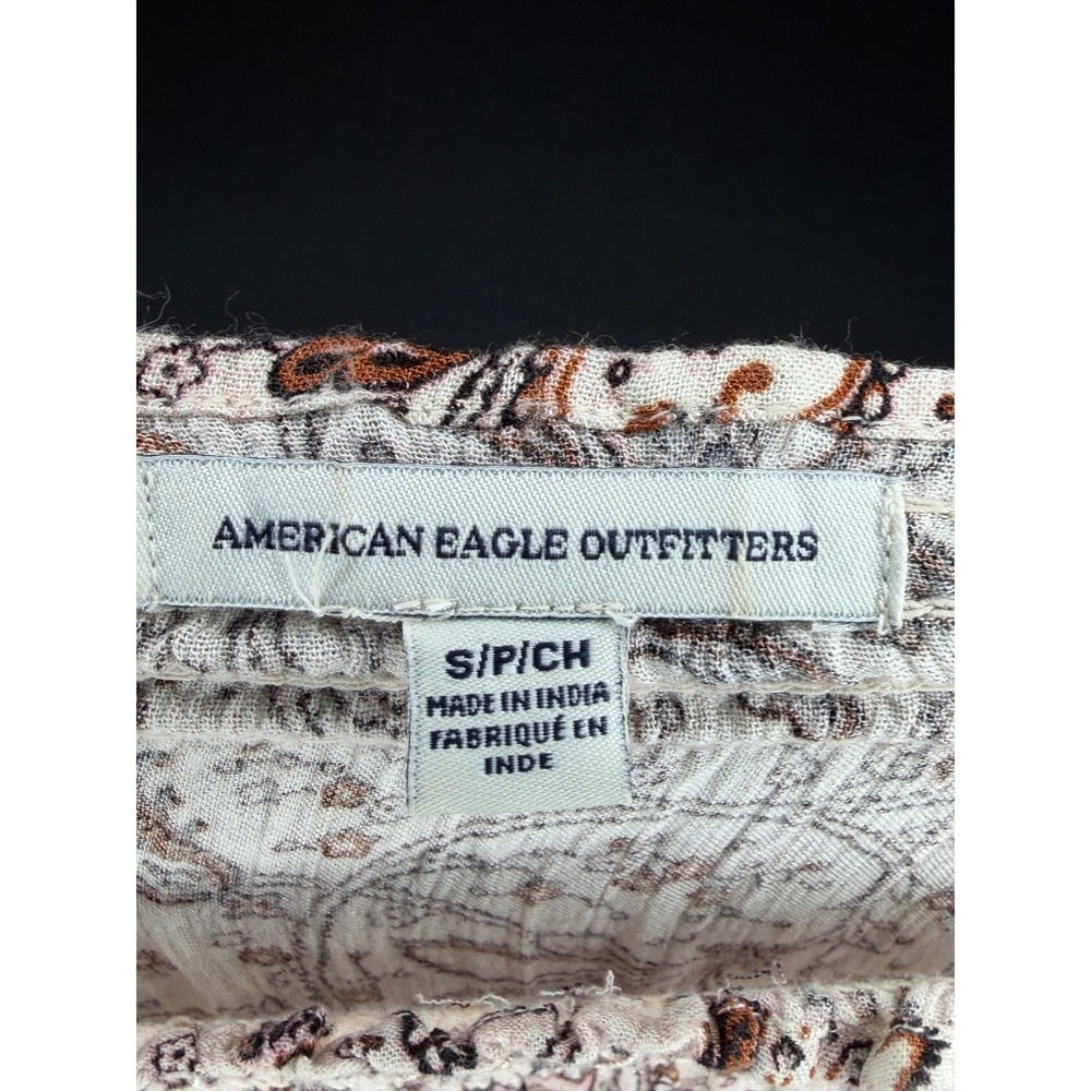 🍁American Eagle Boho Floral Off Shoulder Bell Sleeve Blouse Tan Brown Small - Picture 6 of 9